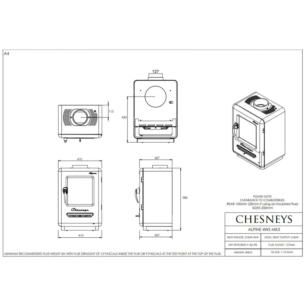 Chesneys Alpine 4WS MK3 Series Wood Burning Stove – 4.4 kW