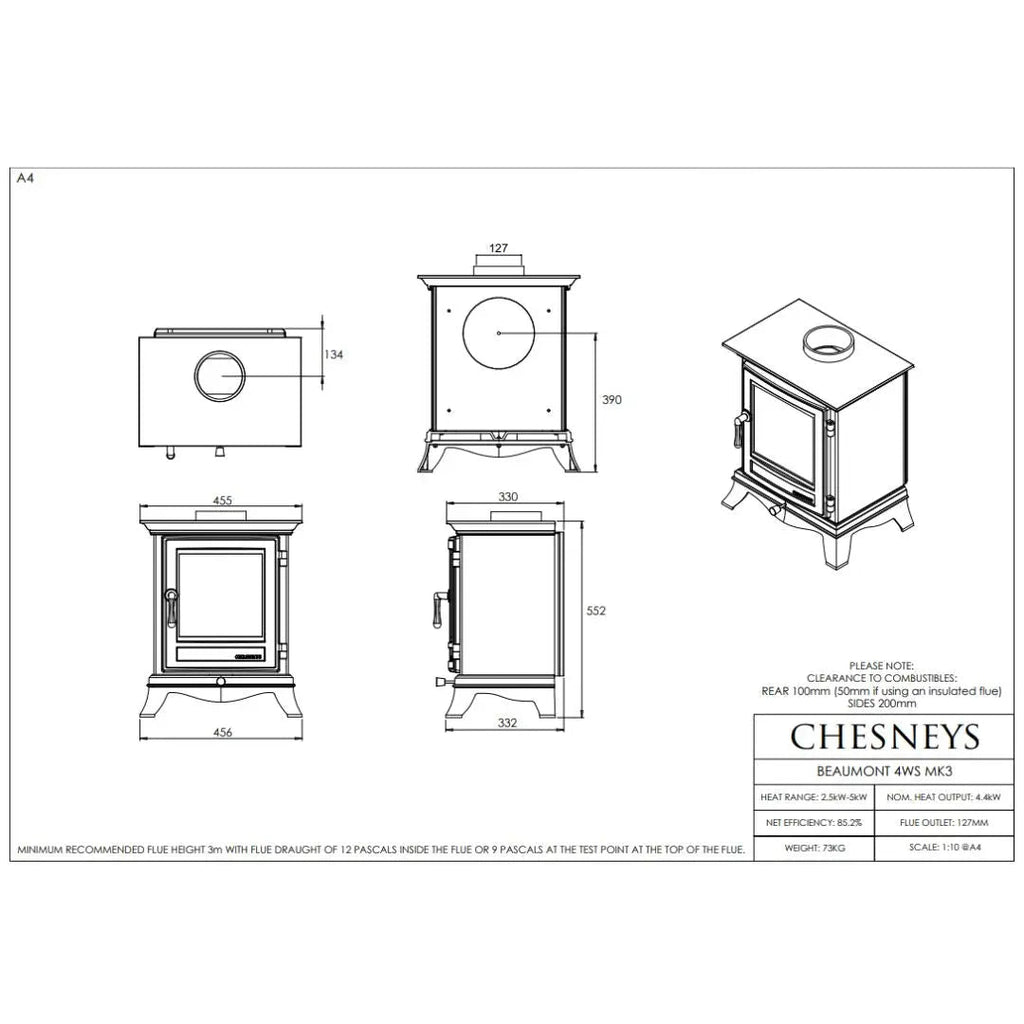 Chesneys Beaumont 4WS MK3 Series Wood Burning Stove – 4.4 kW
