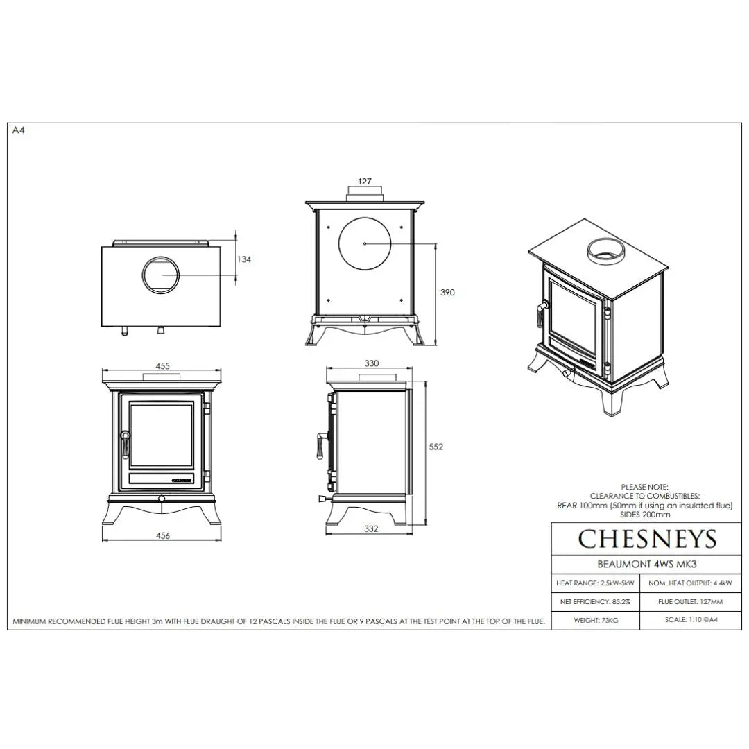 Chesneys Beaumont 4WS MK3 Series Wood Burning Stove – 4.4 kW
