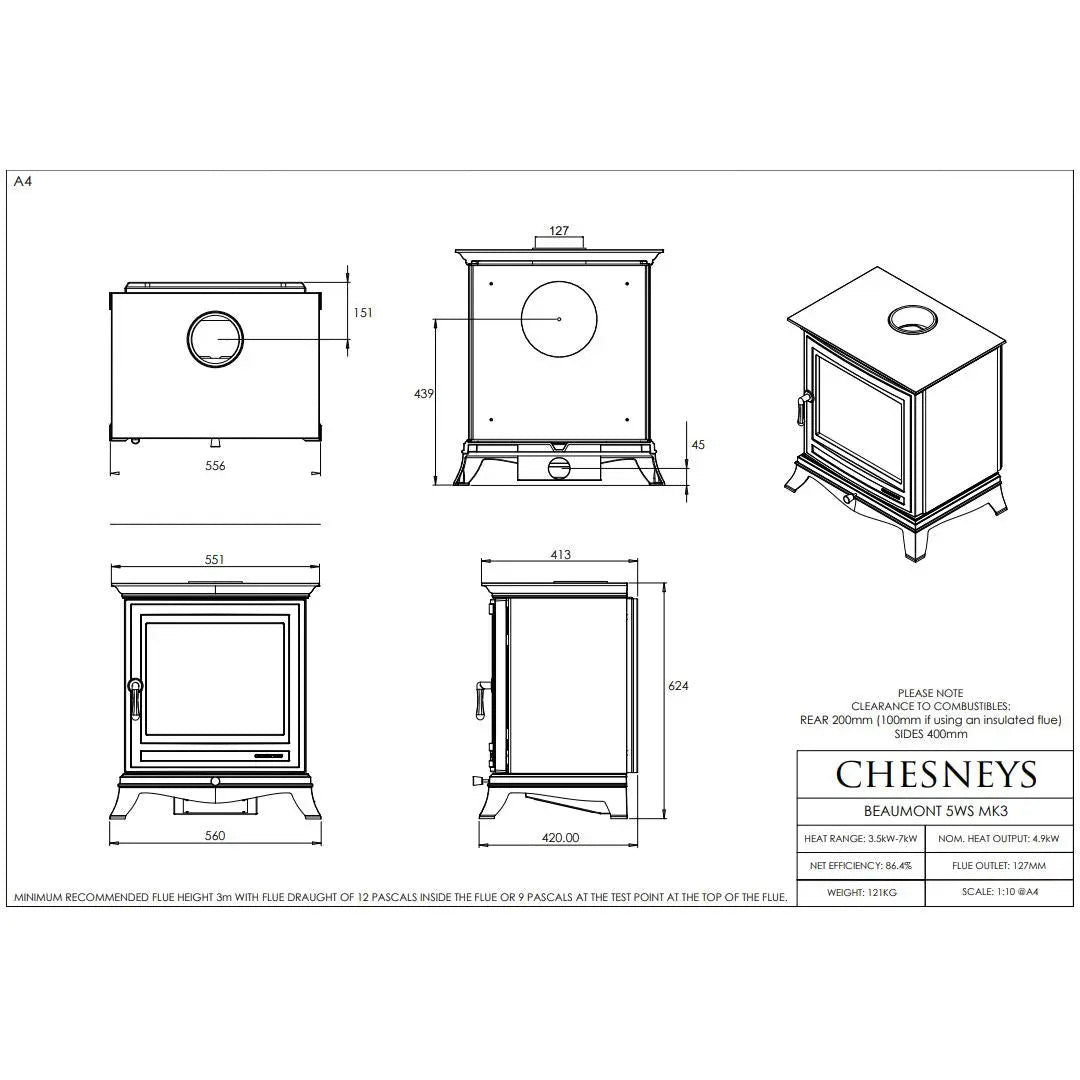 Chesneys Beaumont 5WS MK3 Series Wood Burning Stove – 4.9 kW