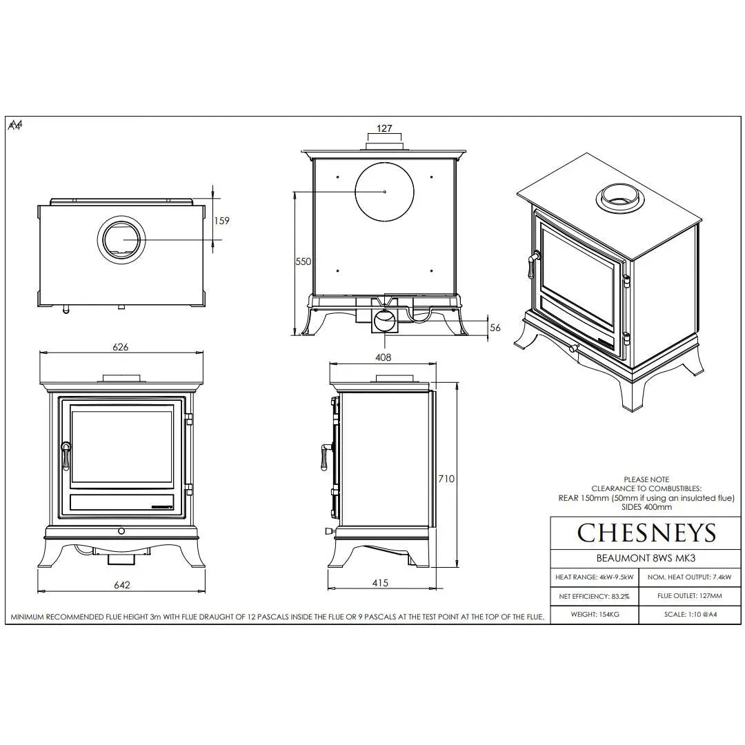 Chesneys Beaumont 8WS MK3 Series Wood Burning Stove – 7.4 kW