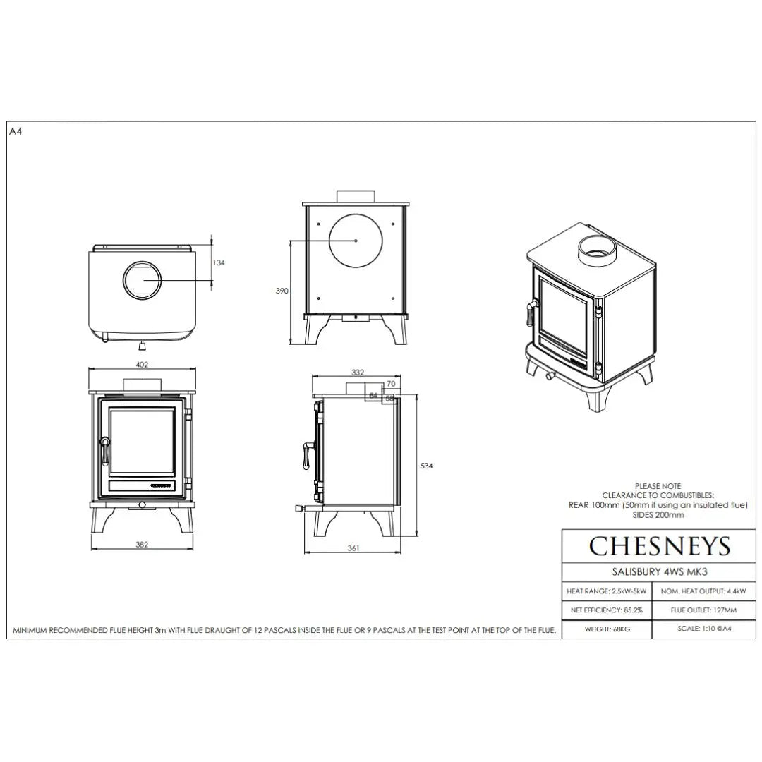 Chesneys Salisbury 4WS MK3 Series Wood Burning Stove – 4.4 kW