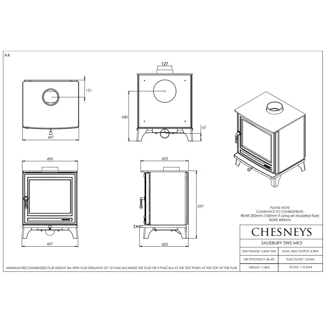 Chesneys Salisbury 5WS MK3 Series Wood Burning Stove – 4.9 kW