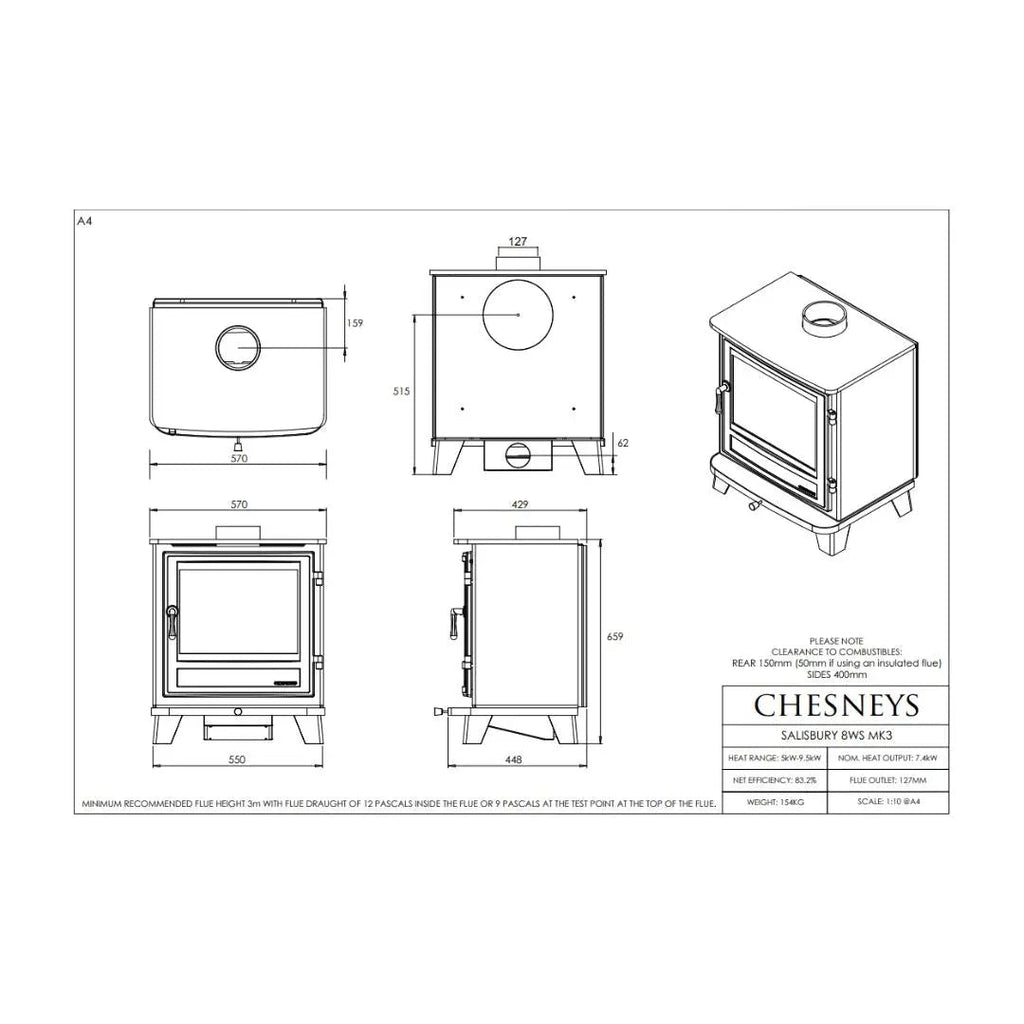 Chesneys Salisbury 8WS MK3 Series Wood Burning Stove – 7.4 kW