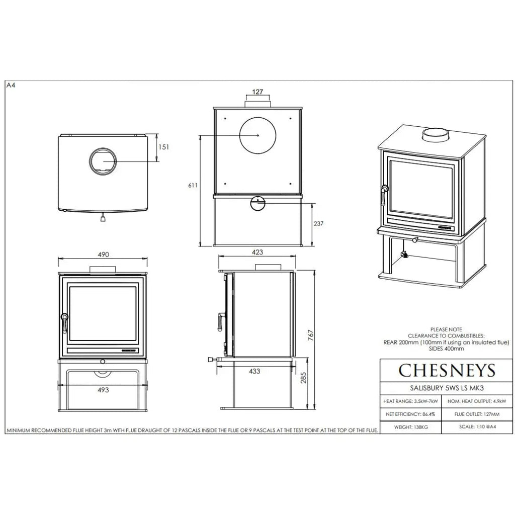 Chesneys Salisbury LS 5WS MK3 Series Logstore Wood Burning Stove – 4.9 kW