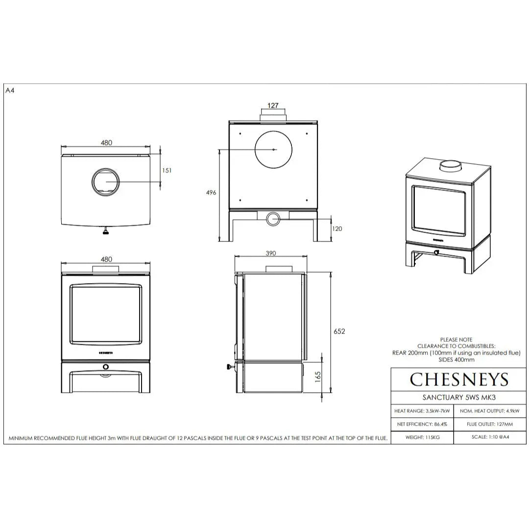 Chesneys Sanctuary 5WS Wood Burning Stove – 4.9 kW