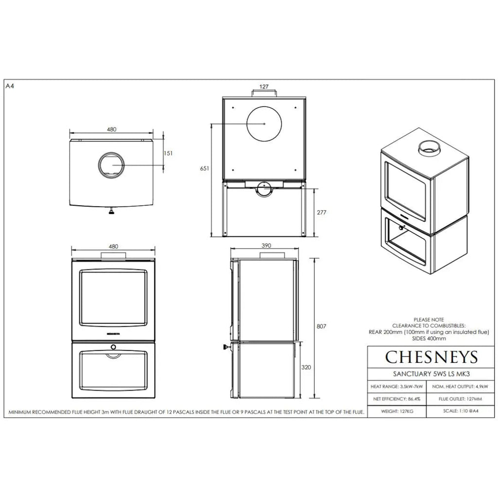 Chesneys Sanctuary 5WS/LS Logstore Wood Burning Stove – 4.9 kW