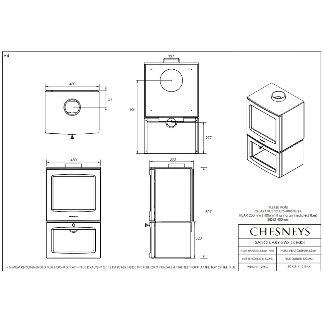 Chesneys Sanctuary 5WS/LS Logstore Wood Burning Stove – 4.9 kW