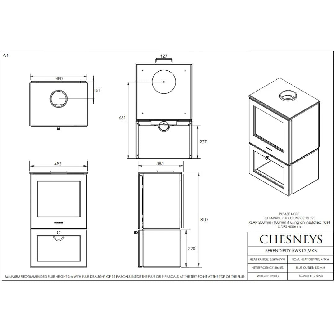 Chesneys Serendipity 5WS/LS Logstore Wood Burning Stove – 4.9 kW
