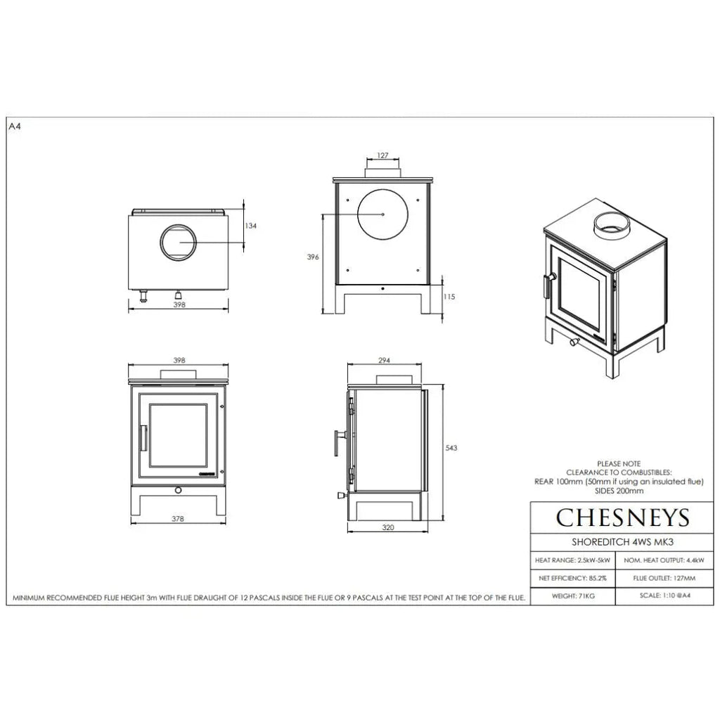 Chesneys Shoreditch 4WS MK3 Series Wood Burning Stove – 4.4 kW