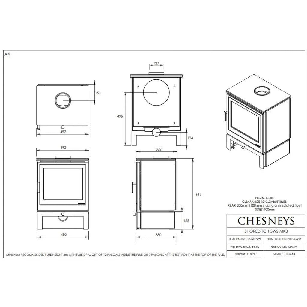 Chesneys Shoreditch 5WS MK3 Series Wood Burning Stove – 4.9 kW
