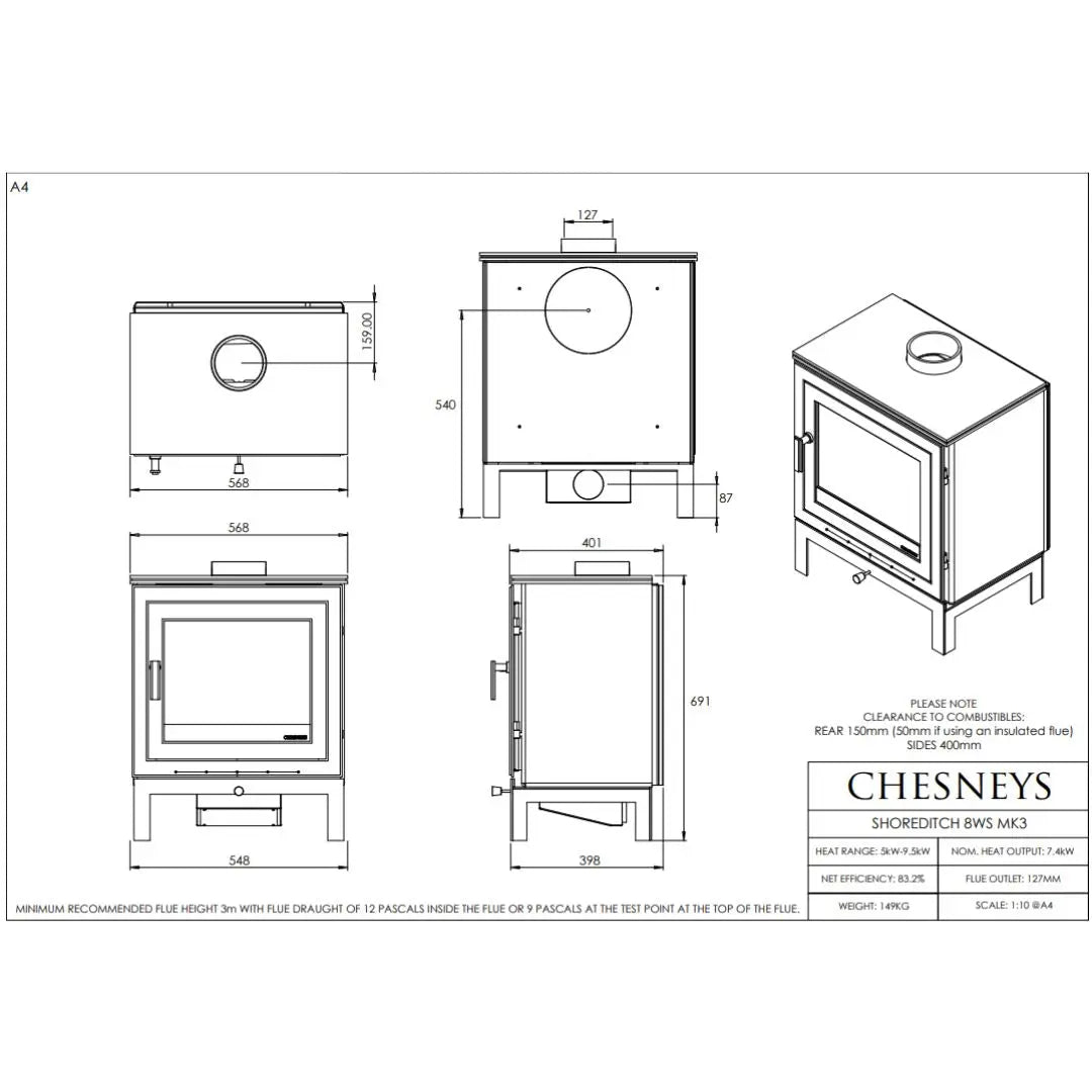 Chesneys Shoreditch 8WS MK3 Series Wood Burning Stove – 7.4 kW