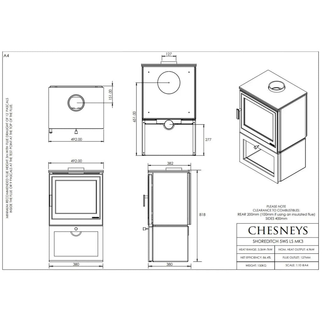 Chesneys Shoreditch LS 5WS MK3 Series Logstore Wood Burning Stove – 4.9 kW
