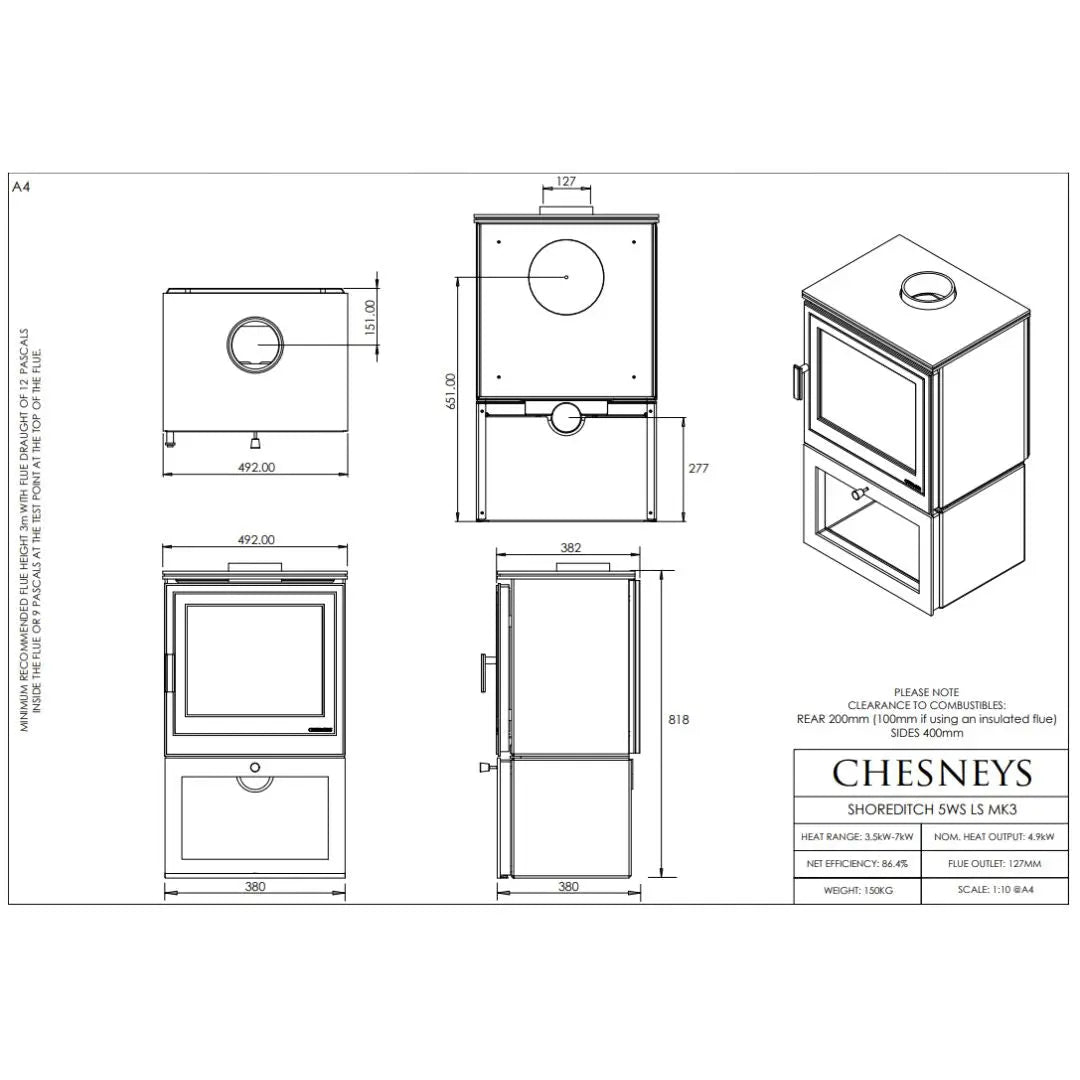 Chesneys Shoreditch LS 5WS MK3 Series Logstore Wood Burning Stove – 4.9 kW