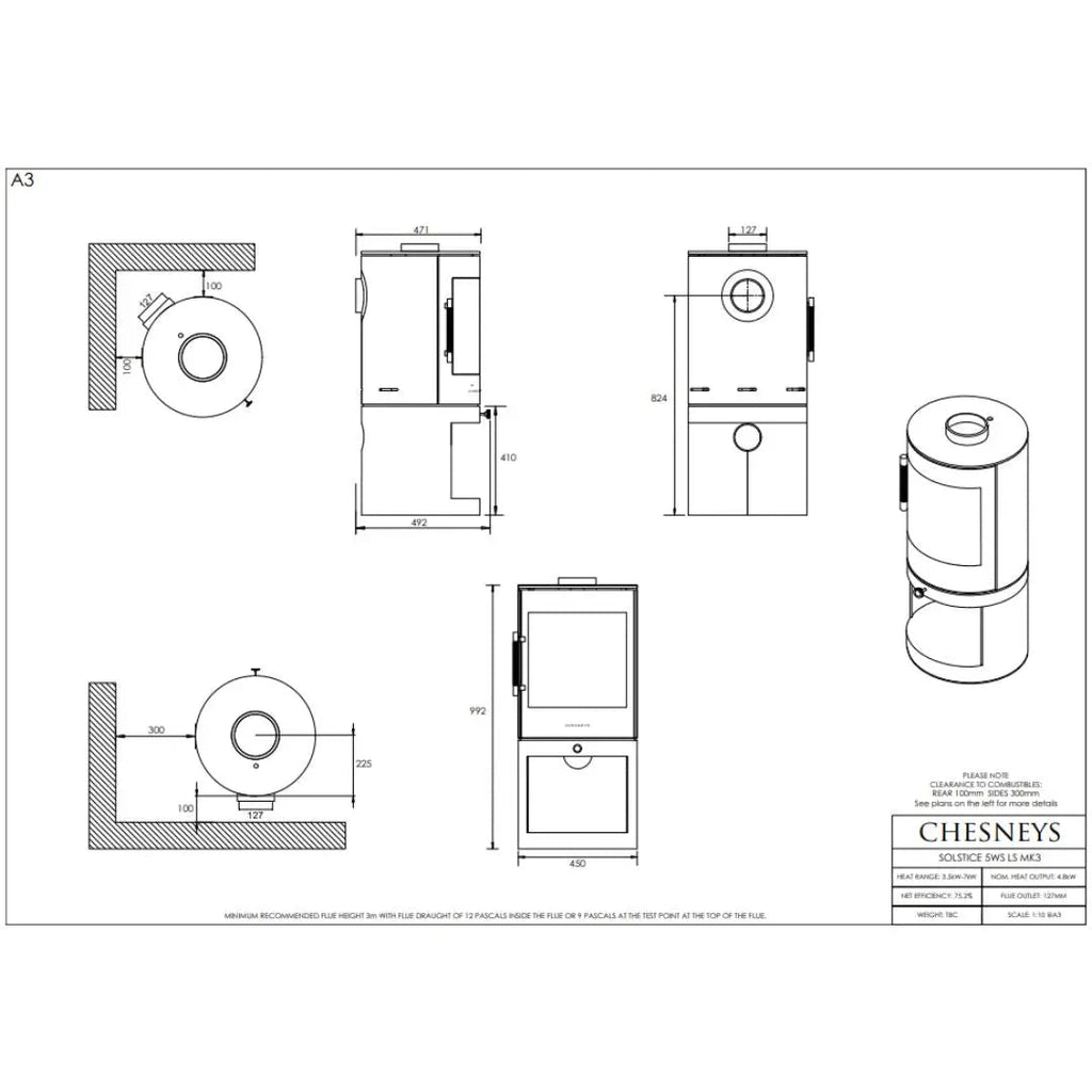 Chesneys Solstice 5WS/LS Logstore Wood Burning Stove – 4.8 kW