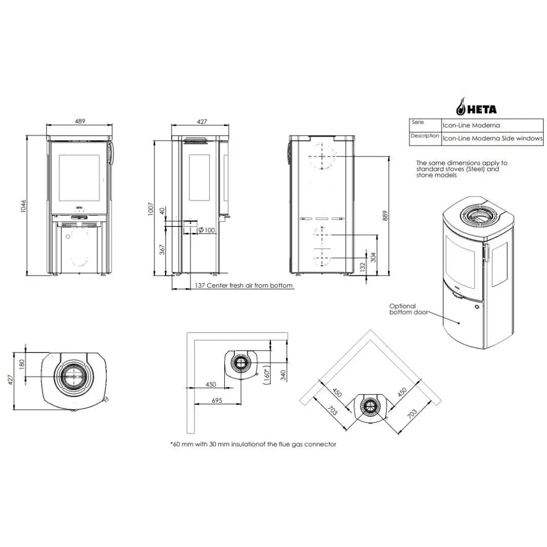 HETA Icon-Line Moderna Side Glass Wood Burning Stove - 6.2 kW