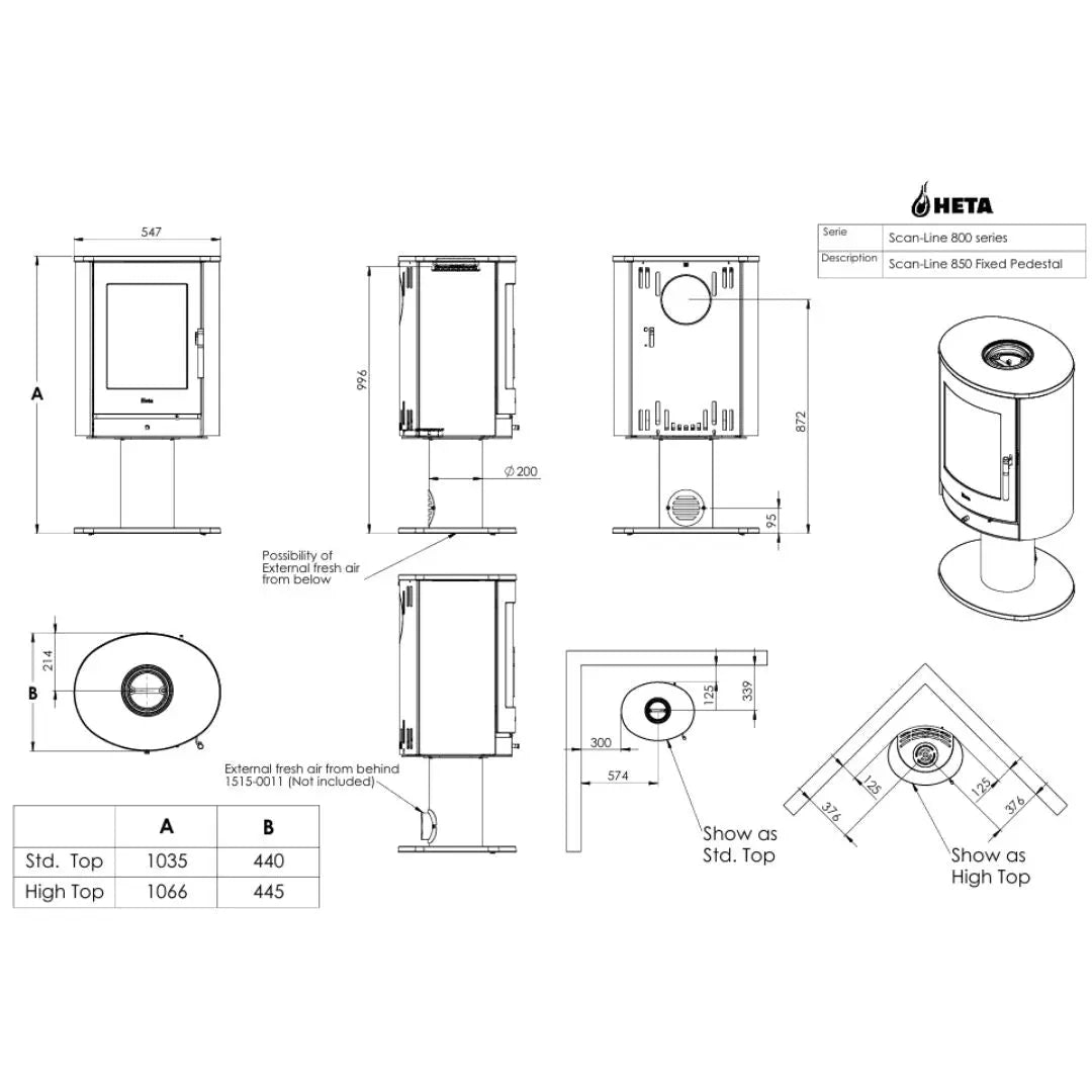 HETA Scan-Line 850 Pedestal Wood Burning Stove - 6.8 kW