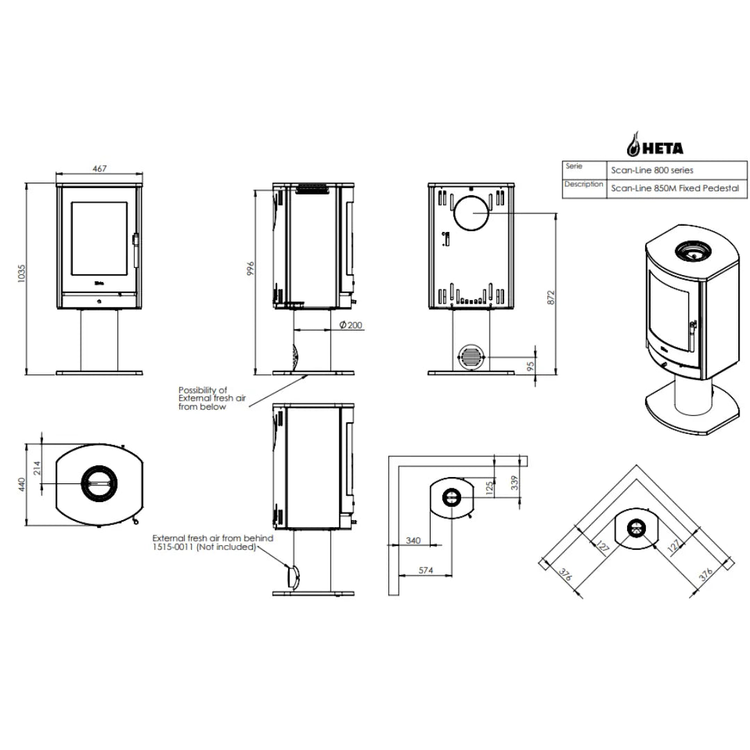 HETA Scan-Line 850M Pedestal Wood Burning Stove - 6.8 kW