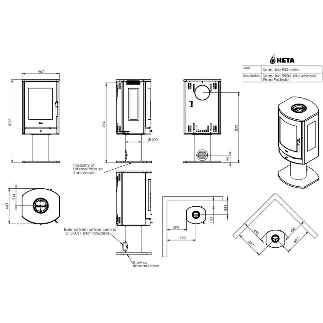 HETA Scan-Line 850M Side Glass Pedestal Wood Burning Stove - 6.6 kW