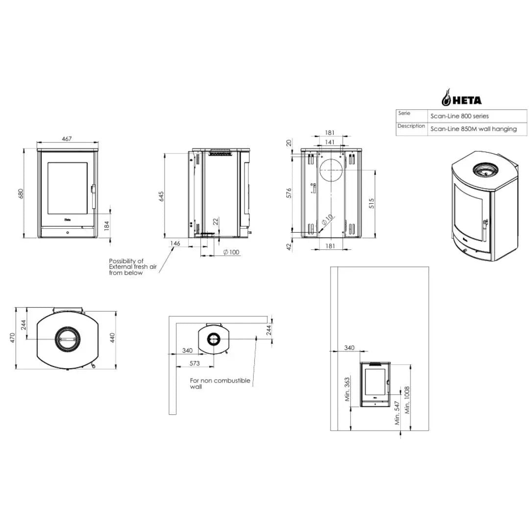HETA Scan-Line 850M Wall Hanging Wood Burning Stove - 6.8 kW