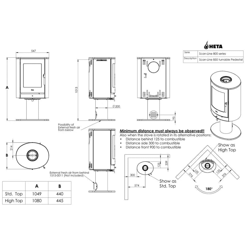 HETA Scan-Line 850 Pedestal Wood Burning Stove - 6.8 kW