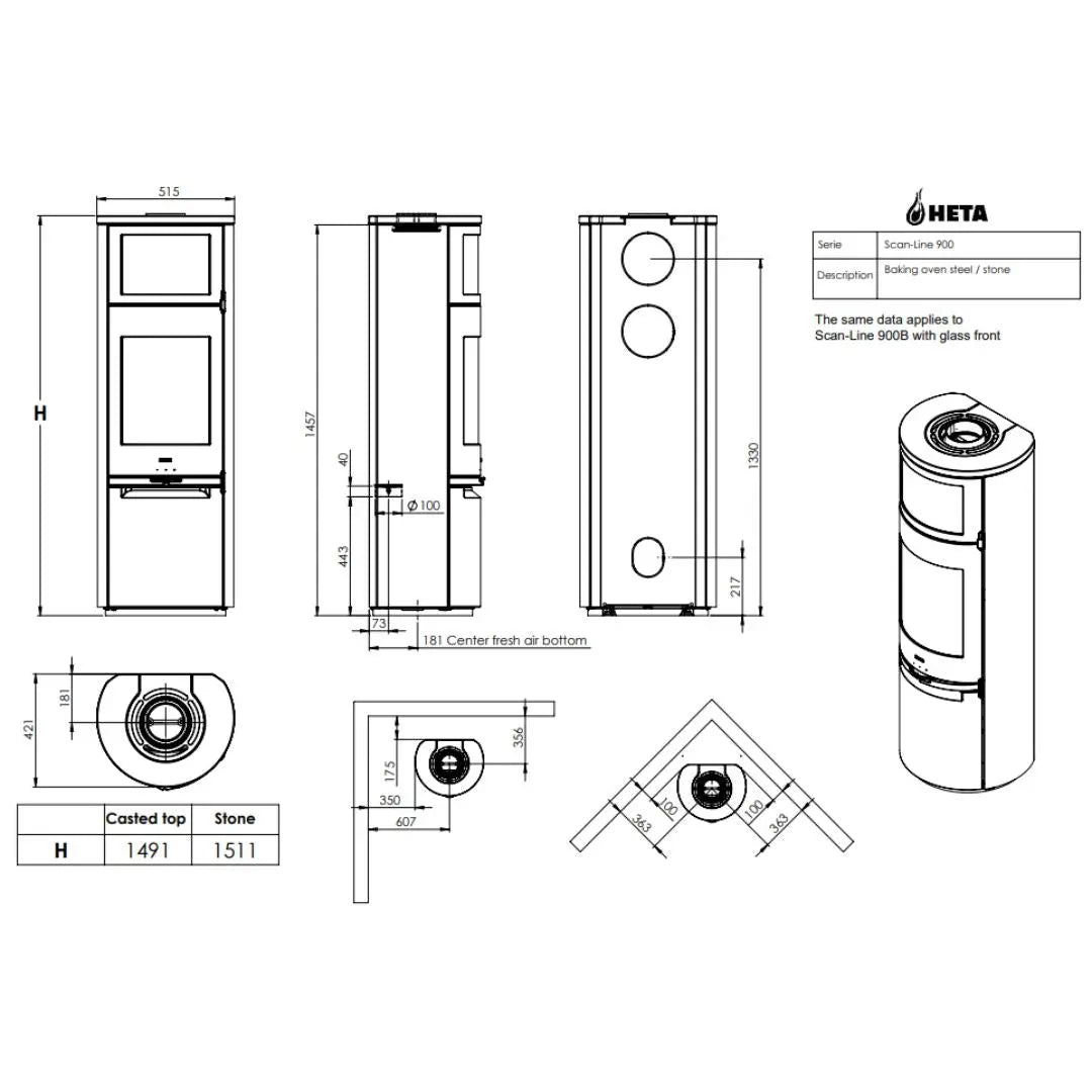 HETA Scan-Line 900B Wood Burning Stove - 6.8 kW