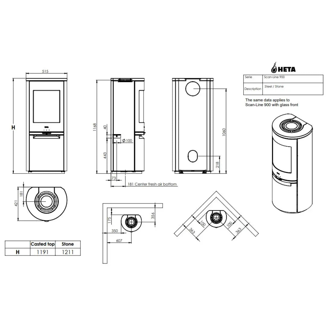 HETA Scan-Line 900 Wood Burning Stove - 6.8 kW