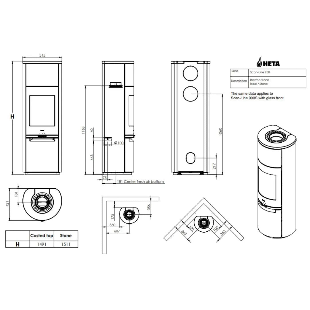 HETA Scan-Line 900S Therma Stone Wood Burning Stove - 6.8 kW