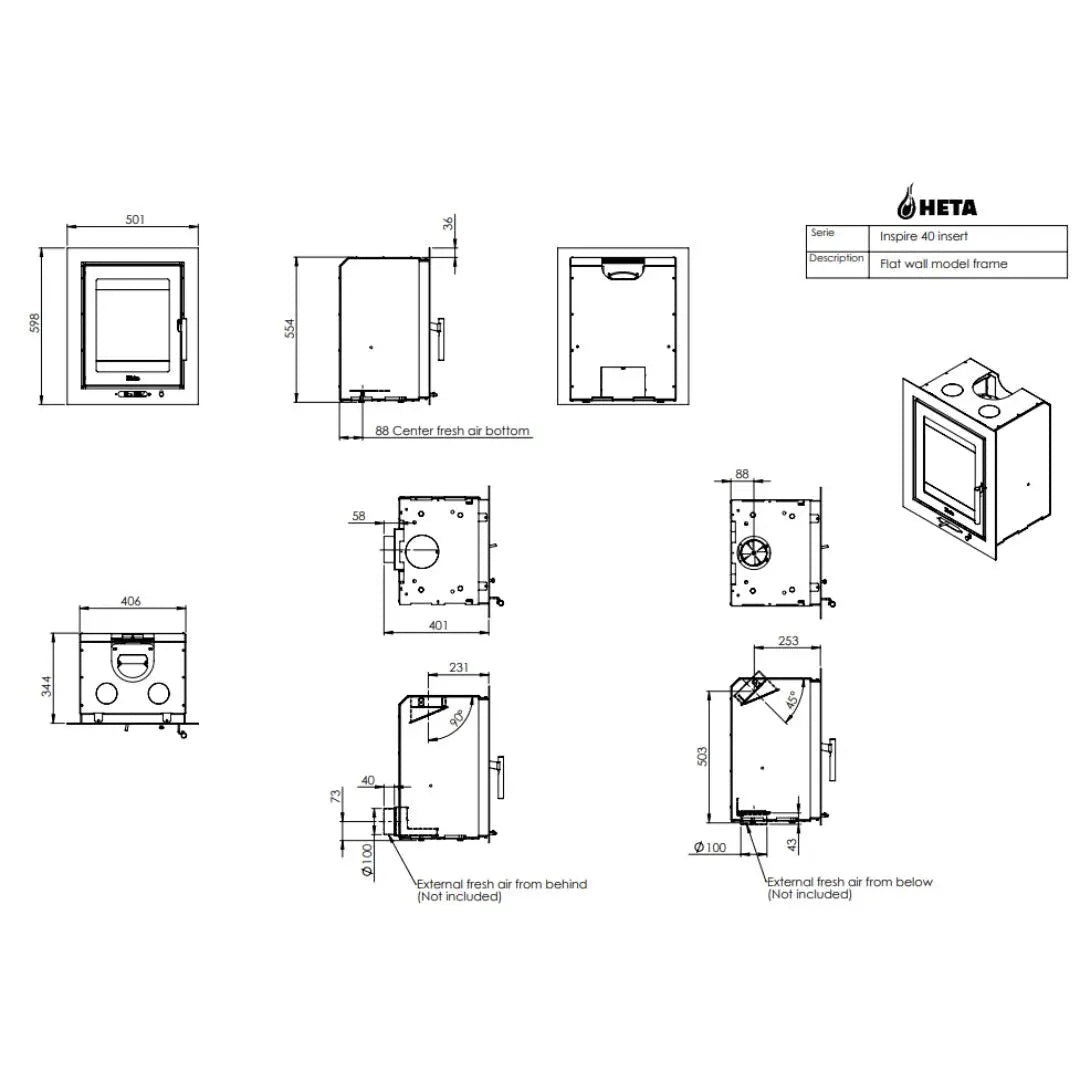 HETA Inspire 40 Insert Flat Wall Multi Fuel Stove - 4kW